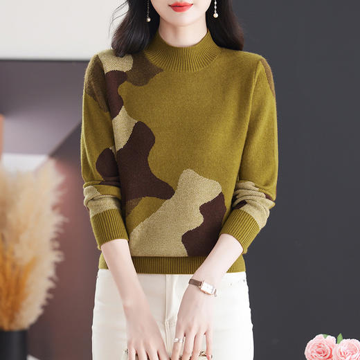 CC-103-7932新款复古提花针织衫女宽松短款毛衣半高领秋冬厚款打底衫上衣 商品图0