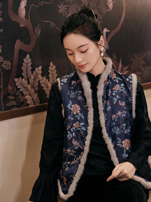 盛唐牡丹 |石青色喜鹊纹宋锦水貂夹棉马甲(尺码偏小) 商品图7