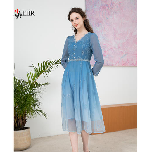 司歌v领刺绣秋连衣裙中长裙渐变仙气A901475X 商品图1