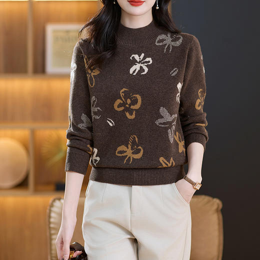 CC-89-C886秋冬季洋气质提花羊毛毛衣女士2024新款宽松半高领打底衫针织上衣 商品图0