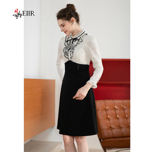 司歌蕾丝立领长袖连衣裙秋复古黑白裙A901178X 商品图4