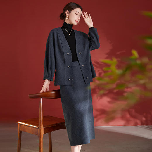 绵羊毛混纺V领开衫外套，中长裙套装气质通勤毛呢两件套SM- 62498238 商品图0