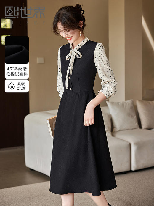 【专属特价】熙世界浪漫优雅赫本风波点蝴蝶结假两件长袖连衣裙女2025秋冬新款 商品图0