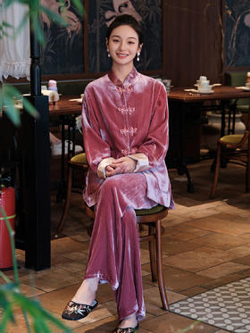 盛唐牡丹| 杨妃粉色丝绒松紧腰裤子