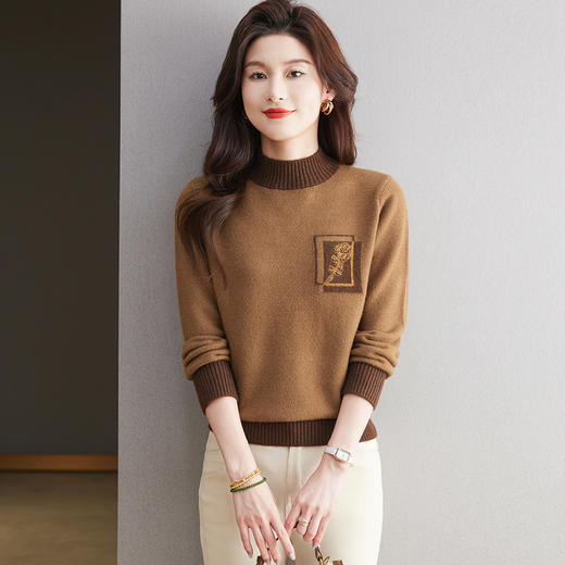 CC-13-6367秋冬内搭打底衫女士2024新款半高领洋气拼色提花毛衣镶钻 商品图1