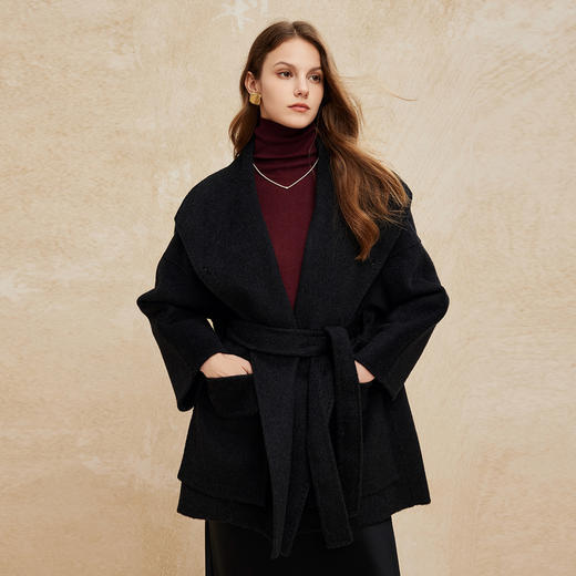 PH953斯尔丽24新款双面呢大翻领小个子显高腰带半扎斗篷感大衣 商品图4