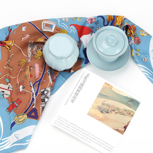 汝山明汝瓷瓜棱茶叶罐三才盖碗茶杯主人杯万事利丝巾丝绸瓷器礼盒 商品图2