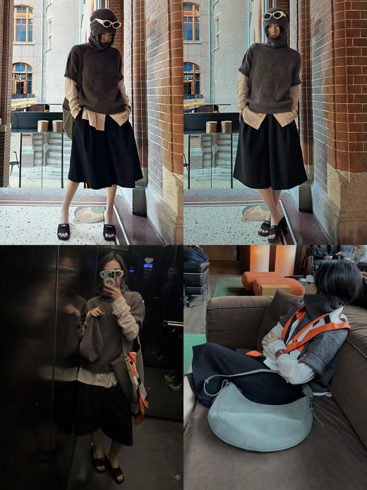 HIDEMI 极简中低腰可再生斜纹中厚款中低腰双压褶阔腿中裤  黑色/深灰色 商品图2