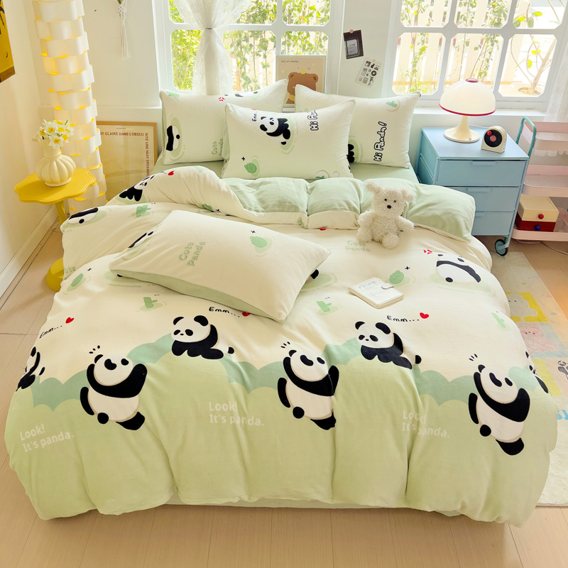 自然醒小清新印花牛奶绒床上四件套冬季加厚双面绒珊瑚绒被套床单三件套4NH166