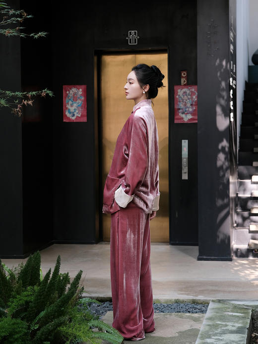 盛唐牡丹| 杨妃粉色丝绒松紧腰裤子 商品图9