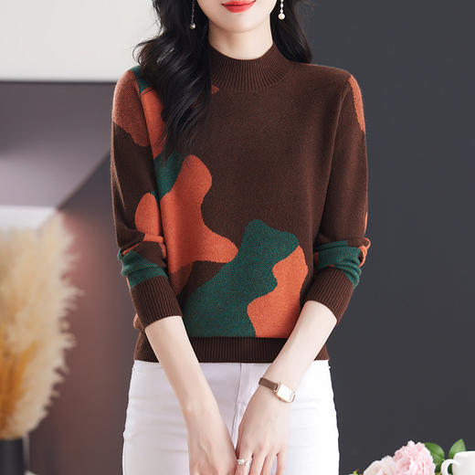 CC-103-7932新款复古提花针织衫女宽松短款毛衣半高领秋冬厚款打底衫上衣 商品图2