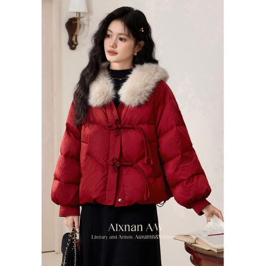 鹿向南「如梦令」90白鸭绒红色毛领羽绒服新中式盘扣加厚短外套女 商品图3