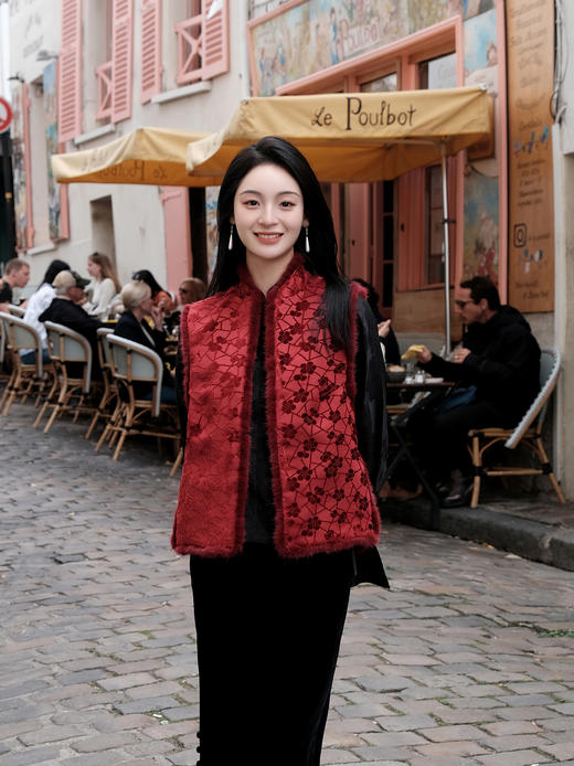 盛唐牡丹|朱樱红冰裂梅花纹漳缎水貂马甲 商品图0