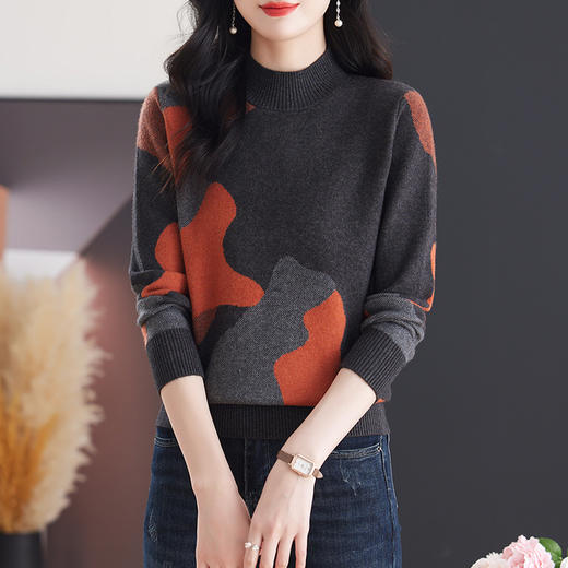 CC-103-7932新款复古提花针织衫女宽松短款毛衣半高领秋冬厚款打底衫上衣 商品图1