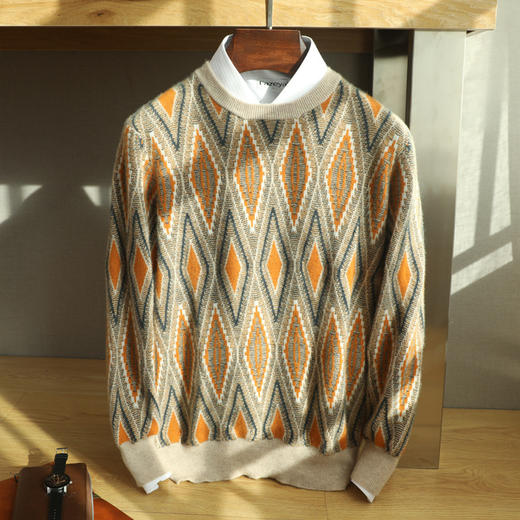 红览 加厚羊毛打底衫男士圆领菱形拼色套头毛衣商务休闲羊毛衫DJ2218 商品图5