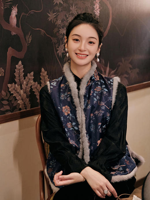 盛唐牡丹 |石青色喜鹊纹宋锦水貂夹棉马甲(尺码偏小) 商品图8