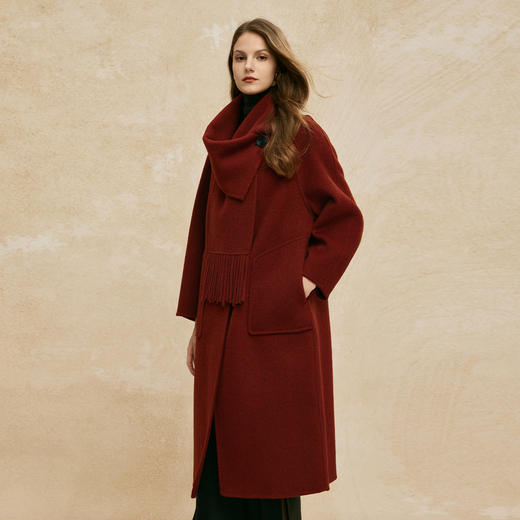 PH944斯尔丽24新款双面呢直身配围巾韩版大气廓形显瘦中长羊毛大衣 商品图2