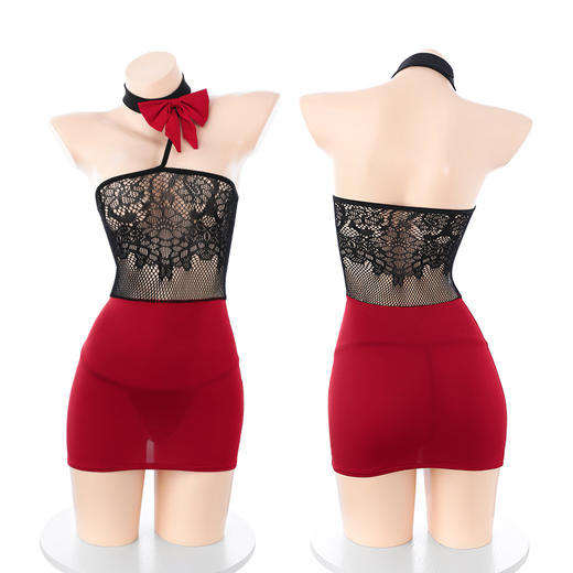霏慕 芳心纵火抹胸透乳网衣裙 高级爆款情趣内衣床上诱惑御姐制服纯欲性感蕾丝包臀免脱激情套装7430 商品图8