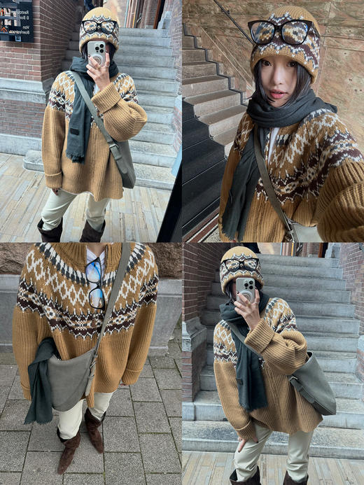 HIDEMI 澳洲进口美利奴羊毛手绘复古费尔岛提花多股粗砂纱加厚款毛衣大外套/针织毛线帽套装 卡其色\灰色 商品图1