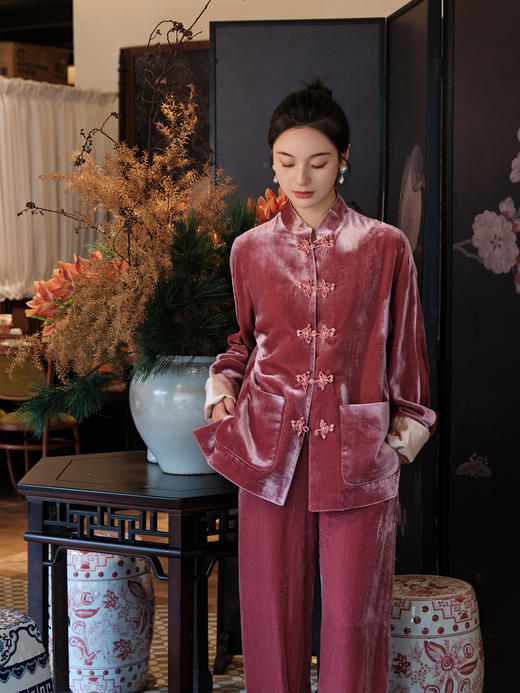 盛唐牡丹| 杨妃粉色丝绒松紧腰裤子 商品图2