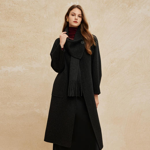 PH944斯尔丽24新款双面呢直身配围巾韩版大气廓形显瘦中长羊毛大衣 商品图6