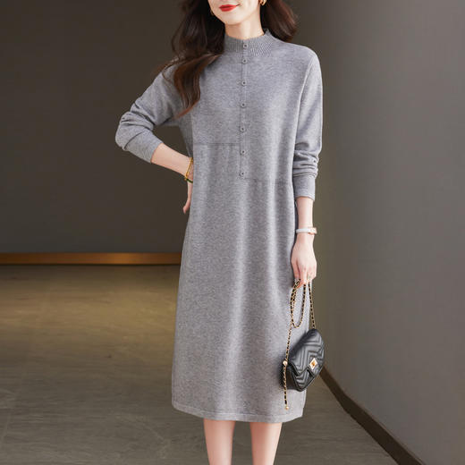 CC-13-6375韩版半高领套头针织衫毛衣女过膝开叉打底衫中长款宽松大码连衣裙 商品图1