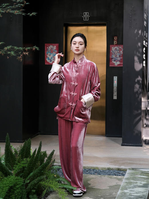 盛唐牡丹| 杨妃粉色丝绒松紧腰裤子 商品图10