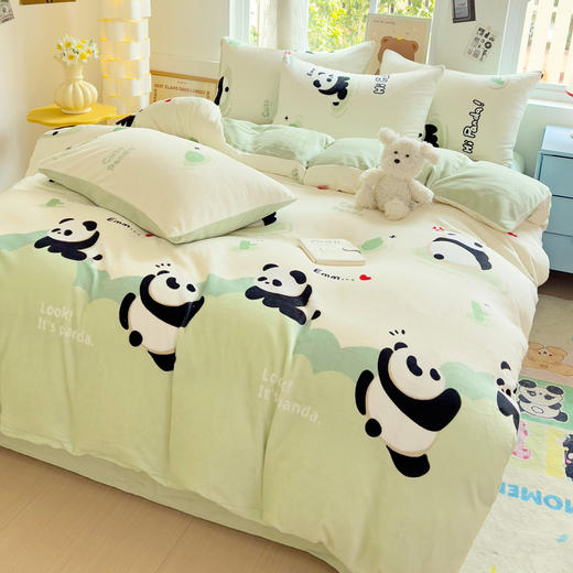 自然醒小清新印花牛奶绒床上四件套冬季加厚双面绒珊瑚绒被套床单三件套4NH166 商品图1