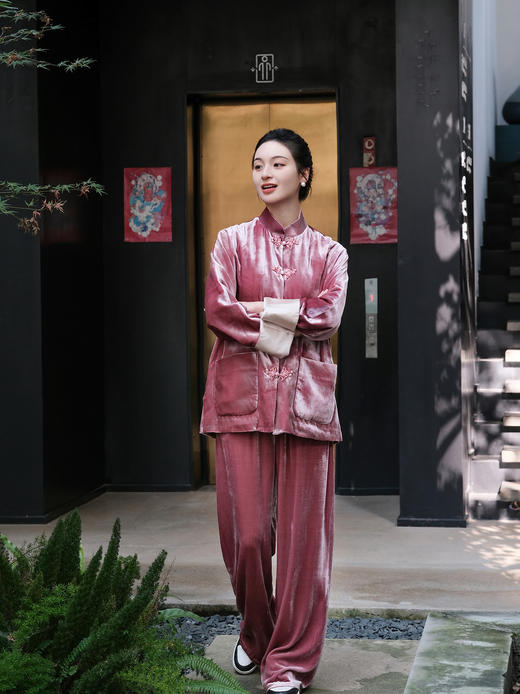 盛唐牡丹| 杨妃粉色丝绒松紧腰裤子 商品图8