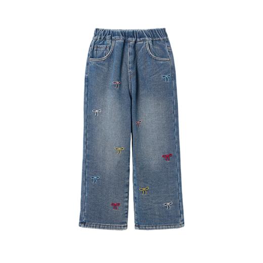 littletime女童牛仔裤秋冬加绒宽松长裤2024新款刺绣儿童直筒裤子 商品图4