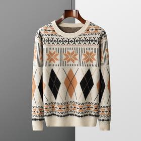 红览 圆领复古提花羊毛衫男士时尚百搭羊毛针织打底衫M2229