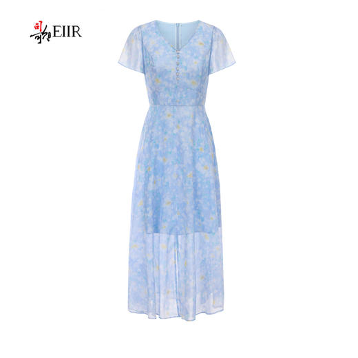 司歌水墨印花v领短袖雪纺连衣裙春夏女A891412X 商品图0
