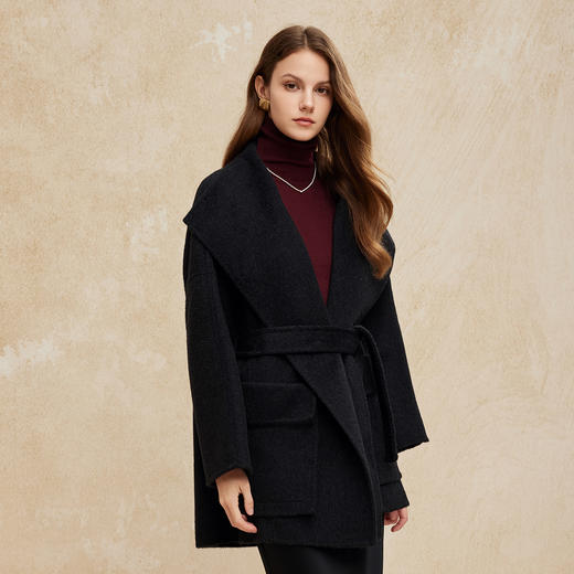 PH953斯尔丽24新款双面呢大翻领小个子显高腰带半扎斗篷感大衣 商品图6