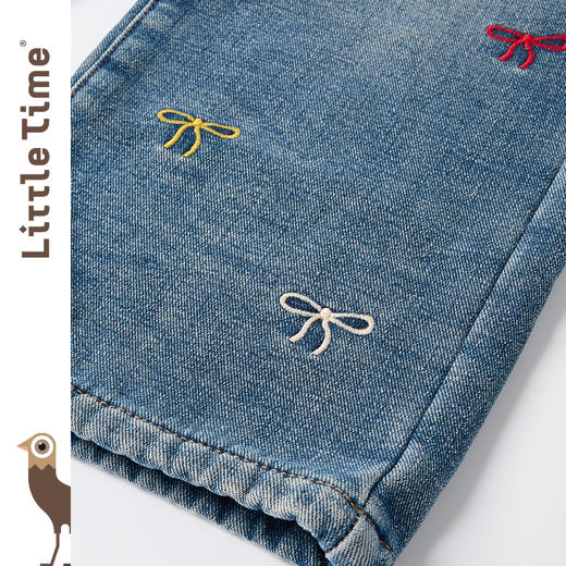 littletime女童牛仔裤秋冬加绒宽松长裤2024新款刺绣儿童直筒裤子 商品图2