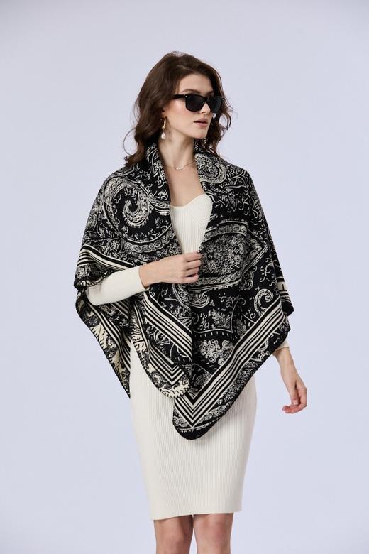 优品堂【墨玉青花】140×140方巾羊毛+拉绒双面围巾披肩两用 商品图2