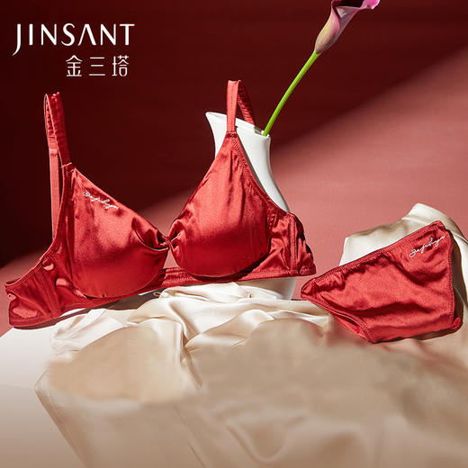 金三塔里外20姆米高弹桑蚕丝女士红色内衣无钢圈文胸内裤套新年本命年礼   NZFDA306 商品图0