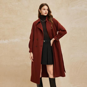 PH952斯尔丽24新款羊毛高支双面呢翻领直身显瘦通勤双排扣长款大衣