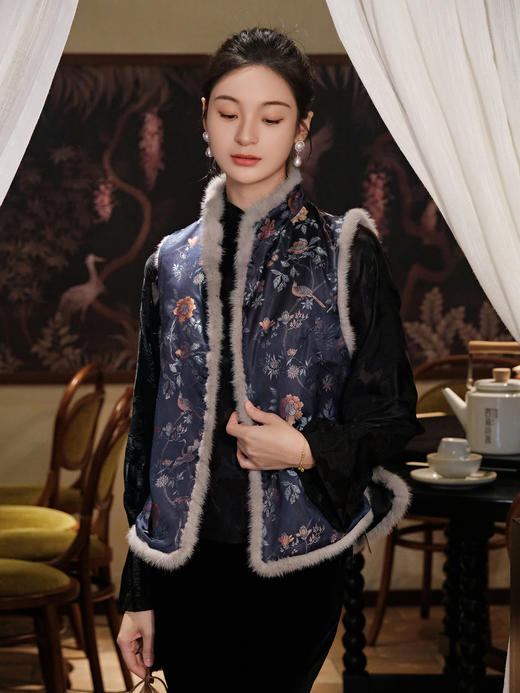 盛唐牡丹 |石青色喜鹊纹宋锦水貂夹棉马甲(尺码偏小) 商品图9