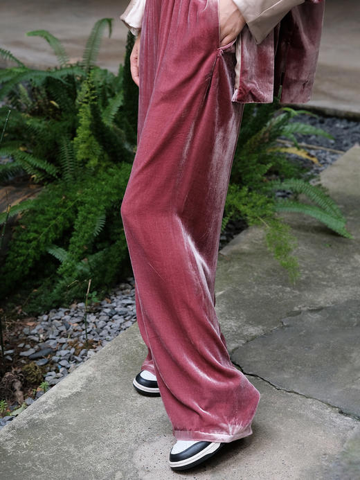 盛唐牡丹| 杨妃粉色丝绒松紧腰裤子 商品图1