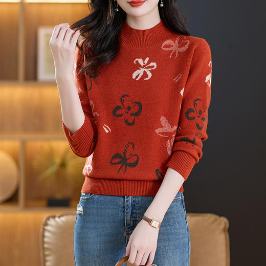 CC-89-C886秋冬季洋气质提花羊毛毛衣女士2024新款宽松半高领打底衫针织上衣 商品图1