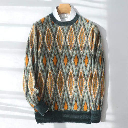 红览 加厚羊毛打底衫男士圆领菱形拼色套头毛衣商务休闲羊毛衫DJ2218 商品图0