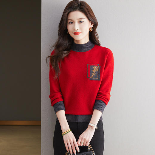 CC-13-6367秋冬内搭打底衫女士2024新款半高领洋气拼色提花毛衣镶钻 商品图0