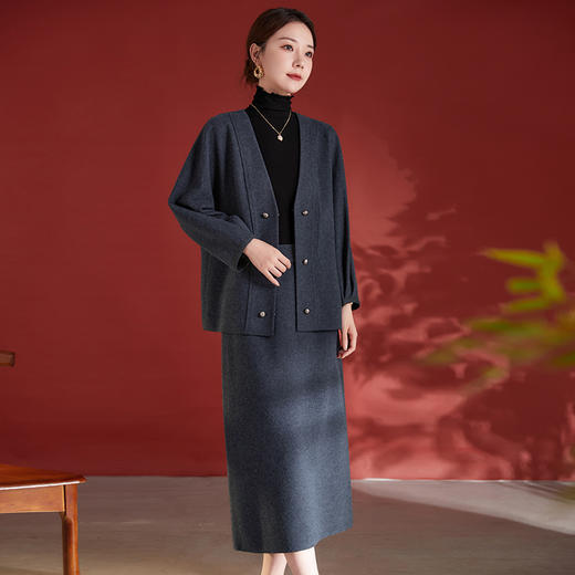 绵羊毛混纺V领开衫外套，中长裙套装气质通勤毛呢两件套SM- 62498238 商品图1