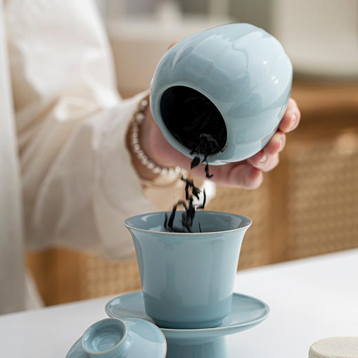 汝山明汝瓷瓜棱茶叶罐三才盖碗茶杯主人杯万事利丝巾丝绸瓷器礼盒 商品图1