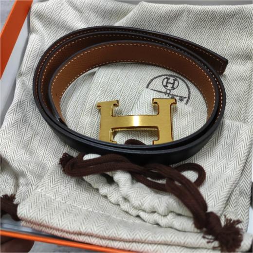 HERMES爱马仕 Mini Constance磨砂金扣 Swift和 Epsom 小牛皮双面皮 皮带 女款 黑金色 宽2.4cm 商品图0
