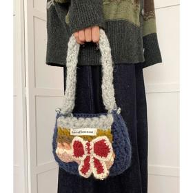 年货节！小众编织蝴蝶结毛线手提包女2024秋冬新款可爱百搭针织斜挎包