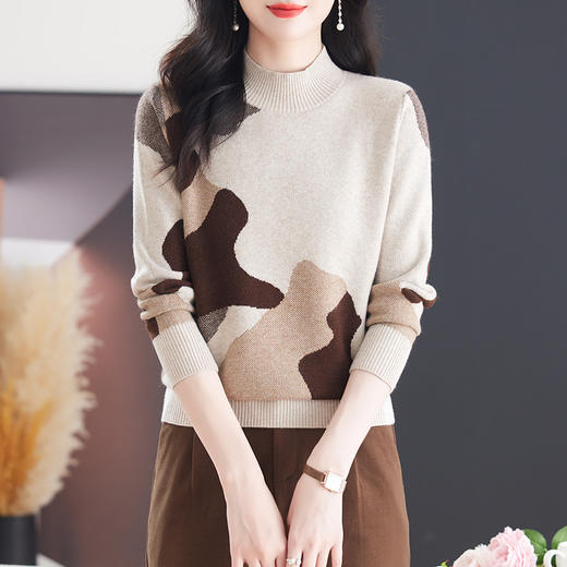 CC-103-7932新款复古提花针织衫女宽松短款毛衣半高领秋冬厚款打底衫上衣 商品图3