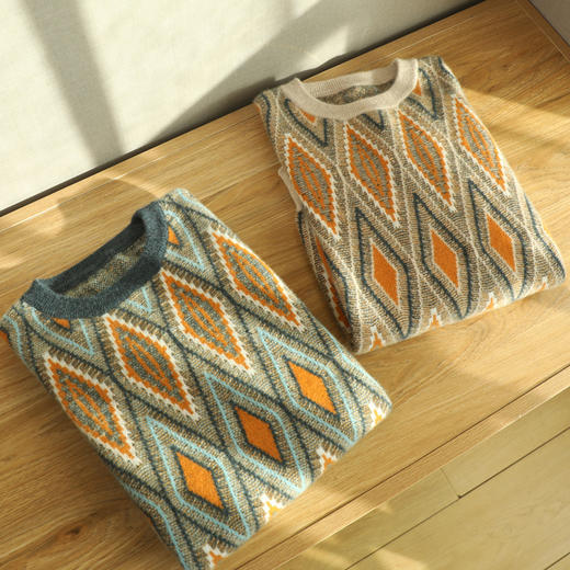 红览 加厚羊毛打底衫男士圆领菱形拼色套头毛衣商务休闲羊毛衫DJ2218 商品图3