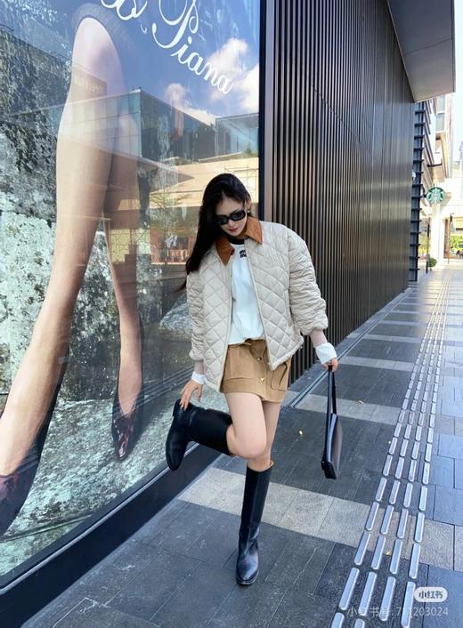 Miumi*/缪谬 菱形格纹轻薄款棉衣灯芯绒领外套 商品图1