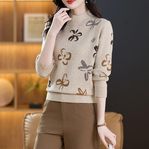 CC-89-C886秋冬季洋气质提花羊毛毛衣女士2024新款宽松半高领打底衫针织上衣 商品图2